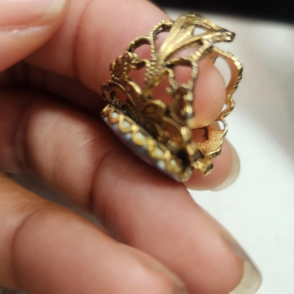Vintage Gold Tone Filigree Daisy Porcelain Cabochon Ring Blue Floral Size‎ 7.5